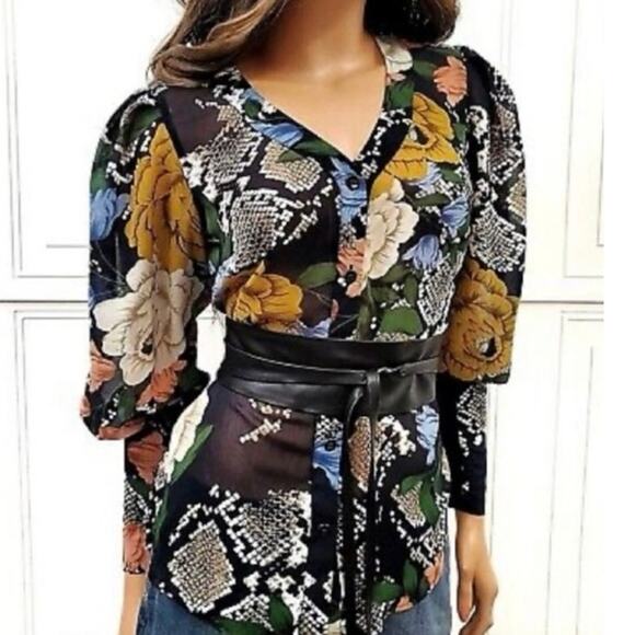 CABI 3762 Womens LARGE Snake Charmer Sheer Dark Floral Blouse Top Balloon Sleeve - Picture 2 of 16